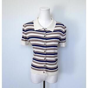 MAX Studio Striped Knit Polo Top Cream Brown Blue Y2K Button Front S
